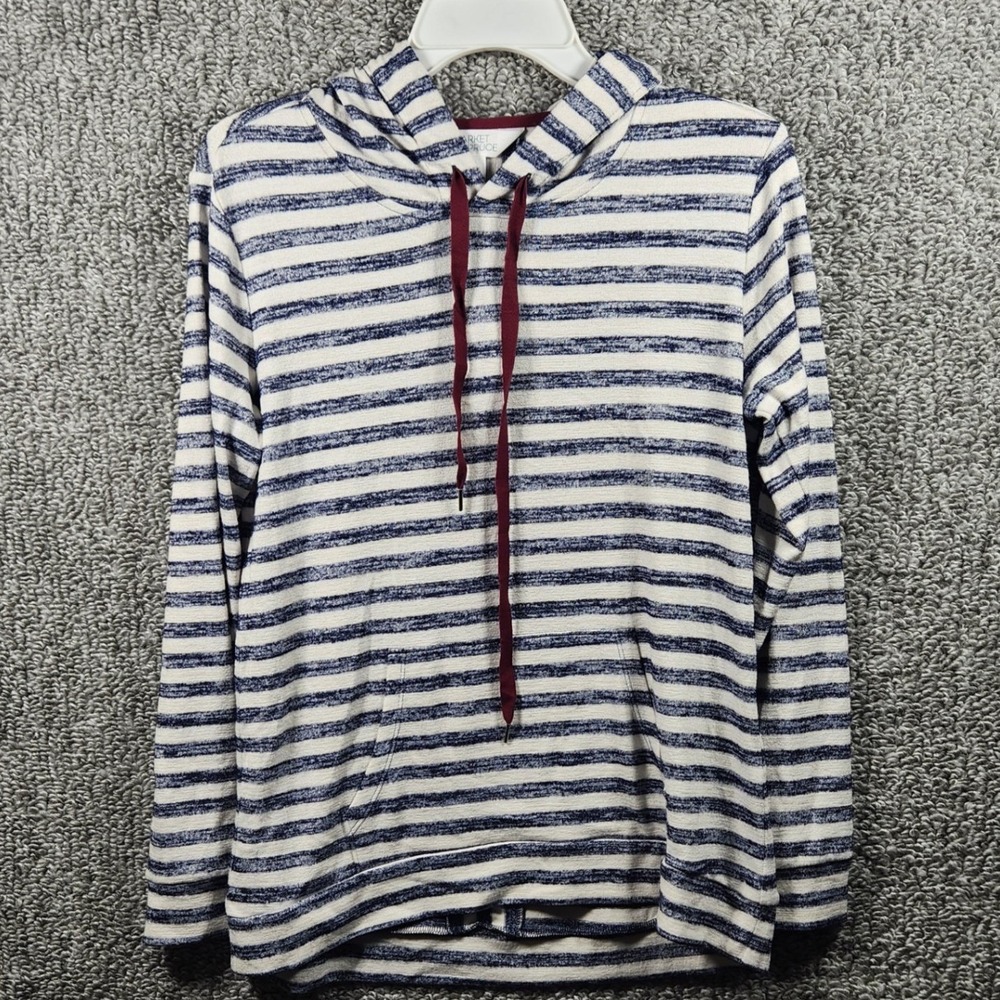 Market & Spruce Hoodie Navy Striped Kangaroo Pocket Casual Womens Small